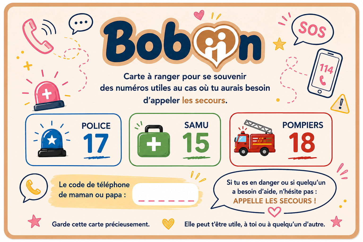 Carte des numéros d'urgence à garder : Police 17, SAMU 15, Pompiers 18 et le numéro des parents